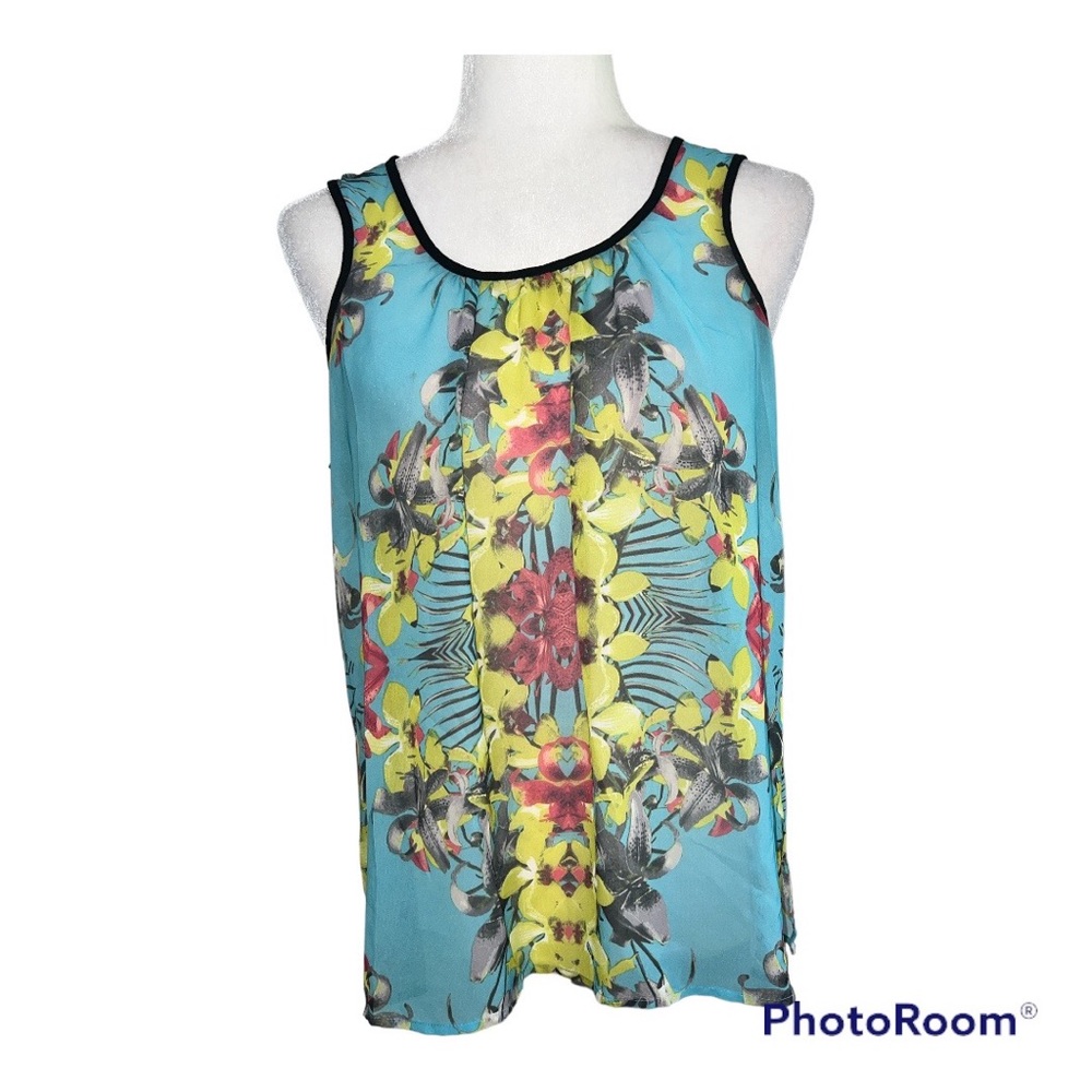 a.n.a Petite Turquoise Floral Hawaiian Print Tank Top Sz PL